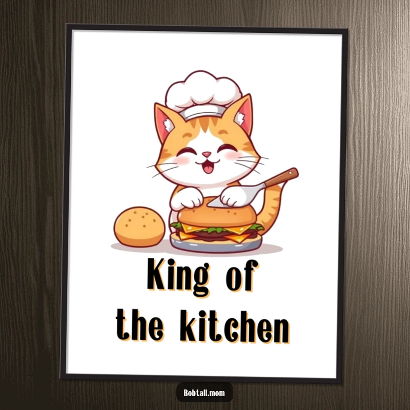 Funny poster showcasing a bobtail cat chef in a hat, flipping a burger with culinary enthusiasm and a cheerful look.