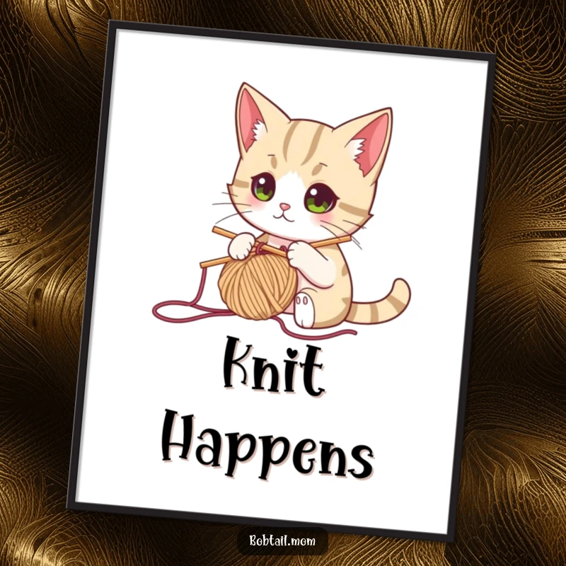 Funny bobtail cat knitting with yarn and needle, creating a humorous and charming piece of craft-themed wall art.