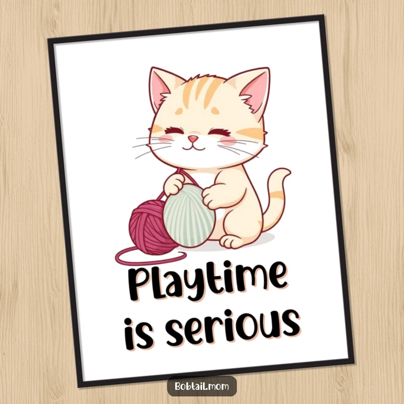 Funny bobtail cat in mid-play, batting a giant ball of yarn with glee, captured in a vibrant poster.