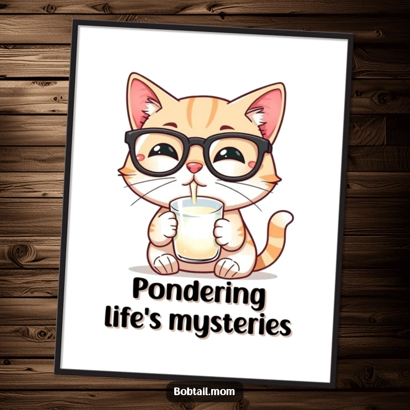 Funny poster print of a Bobtail cat wearing reading glasses and sipping milk, a sophisticated and humorous piece of wall art.