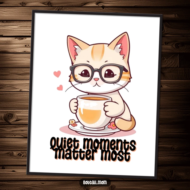 Funny poster of a bobtail cat wearing reading glasses, holding a teacup, exuding a calm, studious, and humorous aura.