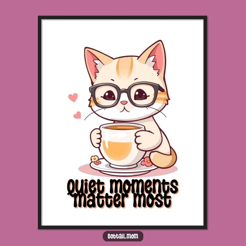 Funny Bobtail Cat Reading Poster: Hilarious Glasses & Tea Art for Your Wall
