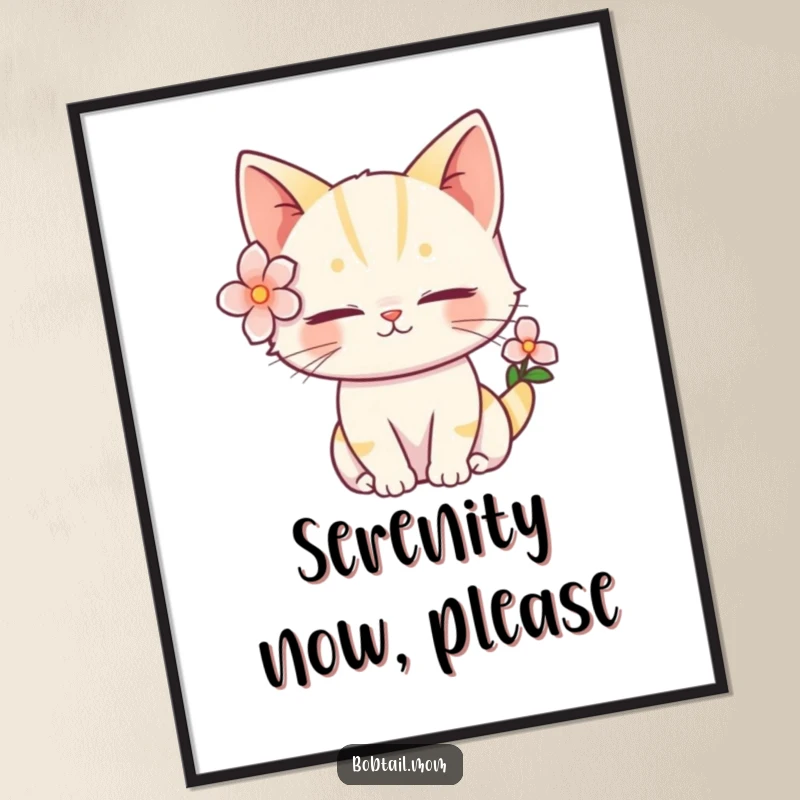 Funny Bobtail Cat Poster depicting a serene feline wearing a flower behind its ear, adding peaceful humor to decor.
