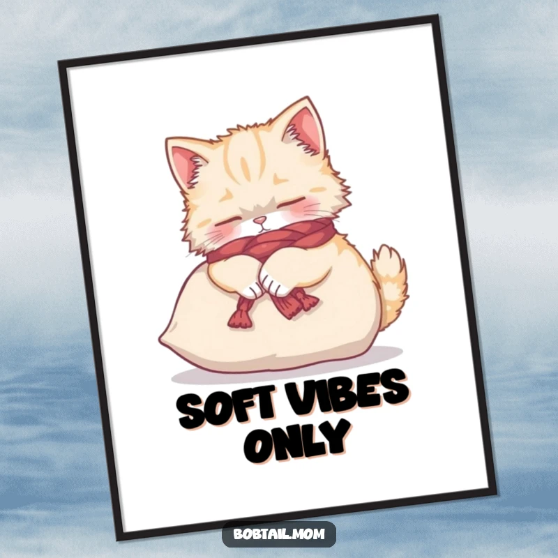 Funny fluffy Bobtail cat in a yarn scarf, contentedly kneading a cushion, presented as poster art.