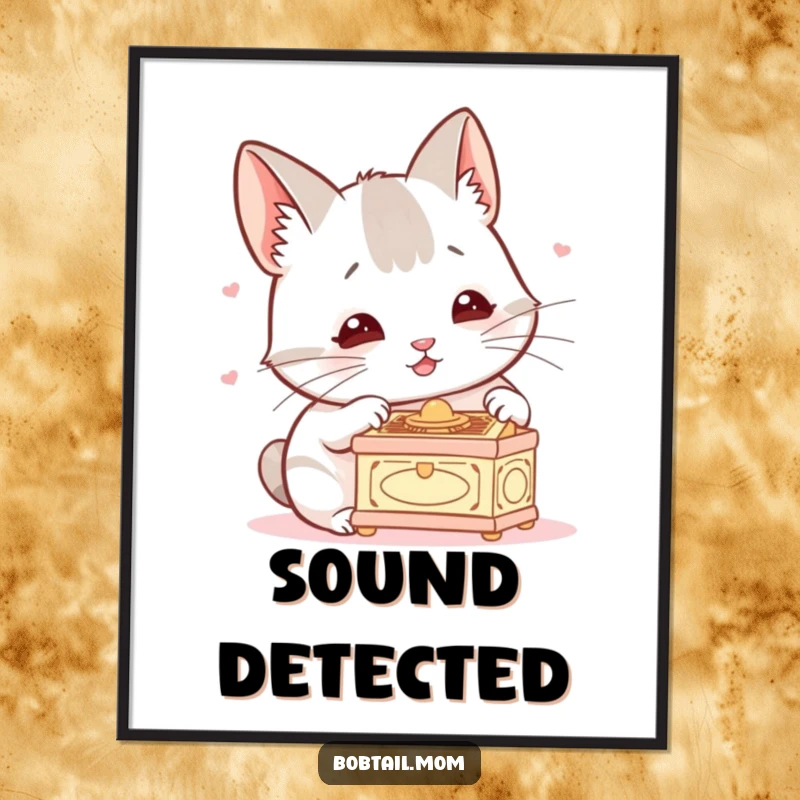 Funny Bobtail Poster depicting a dog with twitching ears, mesmerized by a miniature music box, adding humor and charm to wall decor.