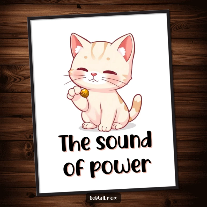 Funny Bobtail Cat Poster depicting a Bobtail cat delicately tapping a small bell with its dainty paw, representing playful interaction.