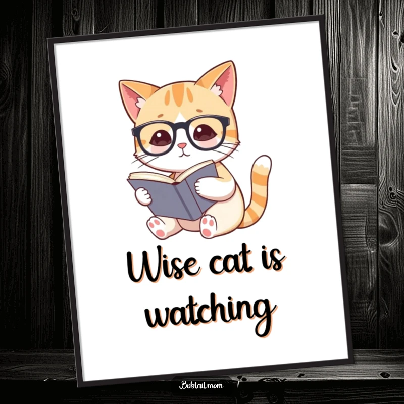 Funny illustration of a Bobtail cat wearing small spectacles, engrossed in reading a book, ideal for wall decor.