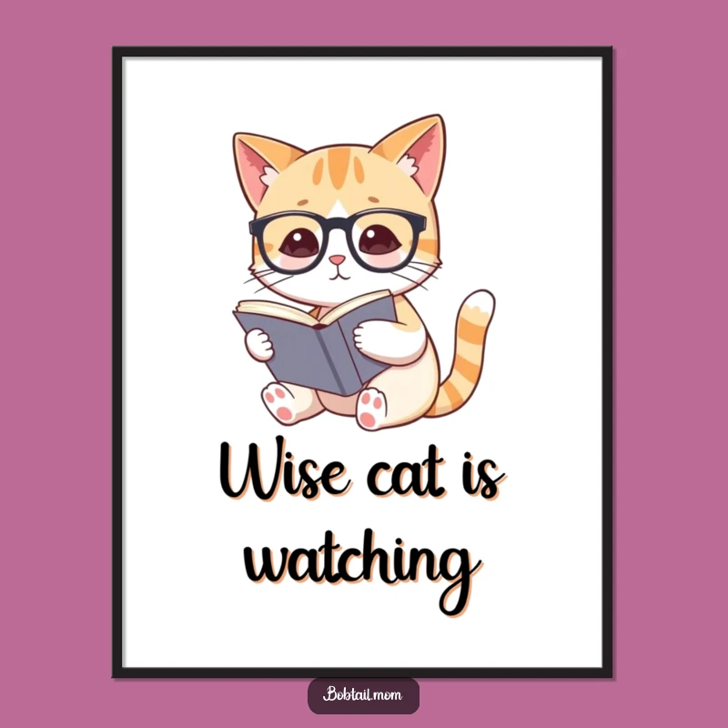 Funny Bobtail Cat Reading Poster: Adorable Wall Art for Book Lovers' Decor