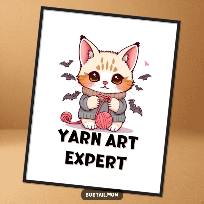 Funny Bobtail cat wearing a snug sweater, playfully batting at a colorful ball of yarn, creating a scene of cozy mischief.