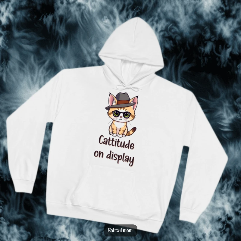 Funny bobtail cat wearing an elegant hat, posing with grace on a soft, warm hoodie.