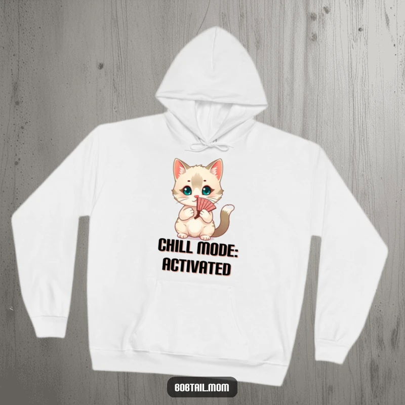 Funny chic Bobtail cat fanning itself with a decorative fan. A warm and humorous hoodie for cat lovers, an ideal gift.