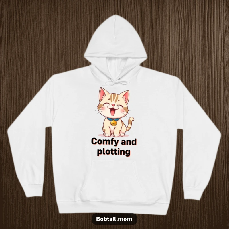 Funny Bobtail Cat Hoodie: A mischievous Bobtail cat with a bell collar strikes a pose, offering cozy comfort and feline humor.