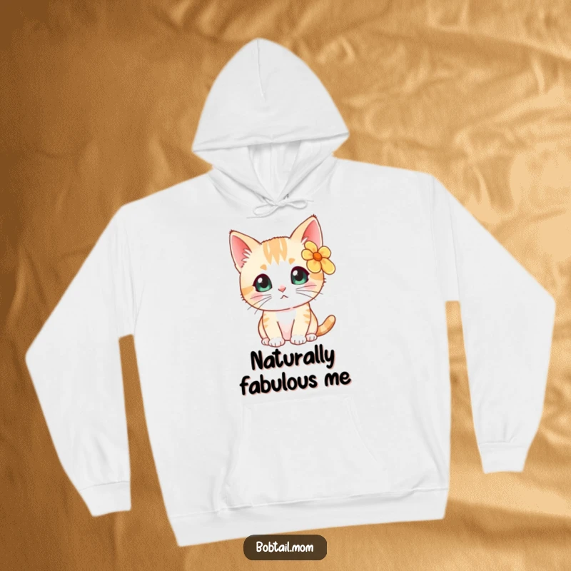 Funny Bobtail cat with a flower behind its ear, looking curious, featured on a soft, warm hoodie.