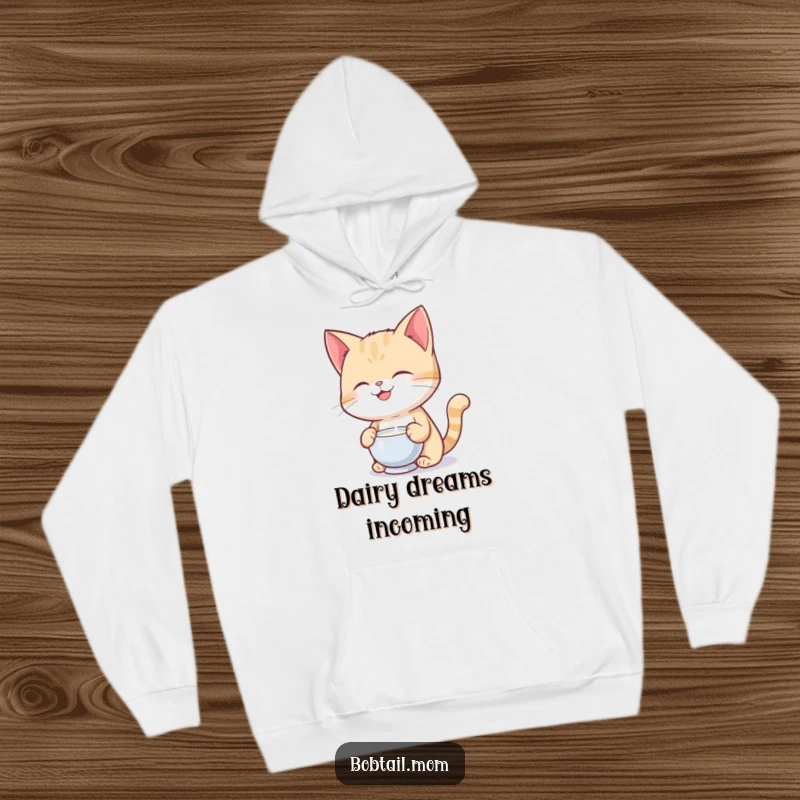 Funny Bobtail cat concentrating on balancing a milk saucer, depicted on a cozy hoodie for ultimate comfort.