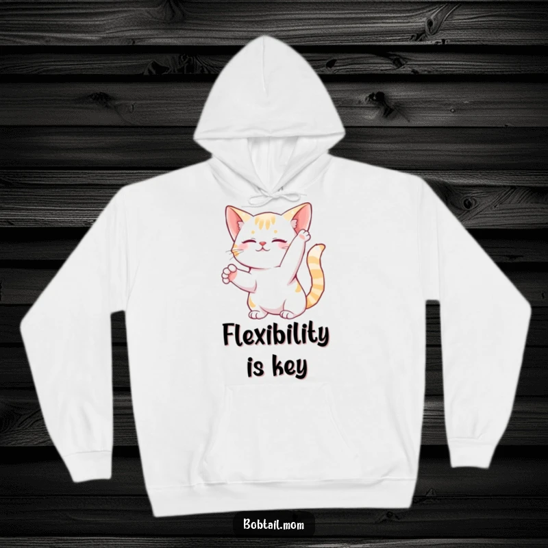 Funny Bobtail Cat Hoodie showing a graceful feline in a serene stretch, perfect for cozy, humorous relaxation.