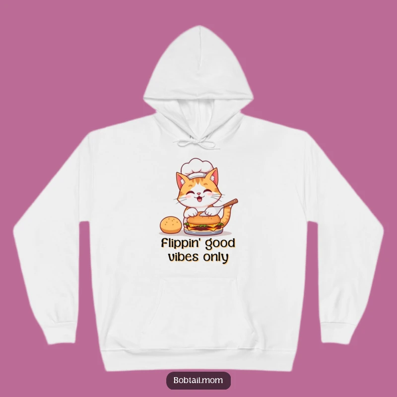Funny Bobtail Cat Chef Hoodie: Stay Cozy with Hilarious Burger Flipping Style