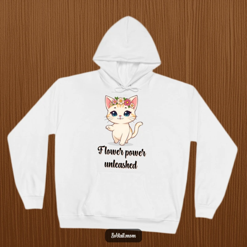Funny hoodie depicting a bobtail cat wearing a flower crown, prancing joyfully, embodying a carefree and festive spirit.