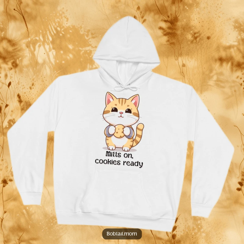 Funny Bobtail cat wearing oven mitts, carefully holding a tiny cookie, ready for kitchen adventures in this cozy hoodie.