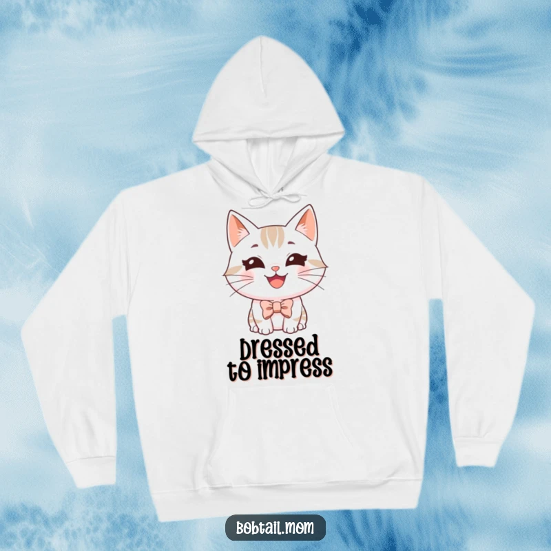 Funny Bobtail cat hoodie featuring a happy, grinning cat wearing a tiny bowtie, ensuring cozy and charming wear.
