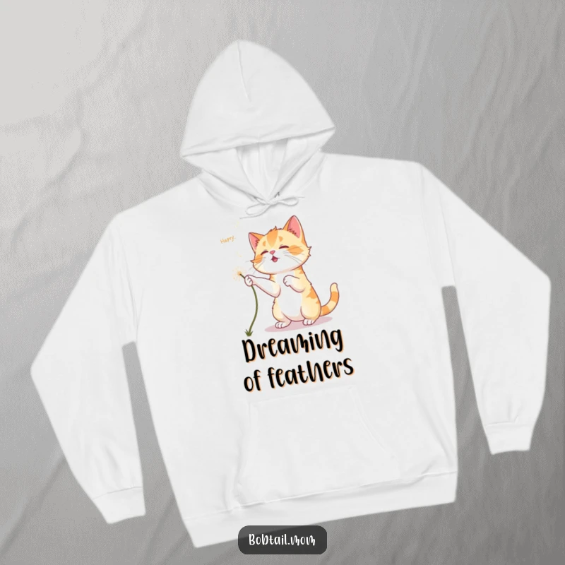 Funny Bobtail Cat Hoodie: A Bobtail cat playfully chases dandelion fluff, offering cozy comfort and whimsical feline humor.