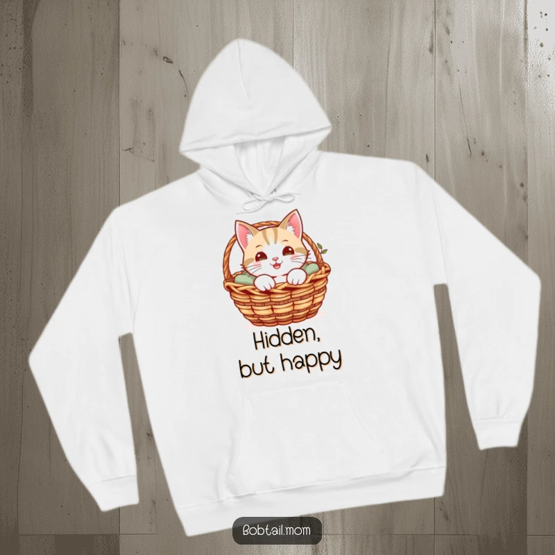 Funny hoodie featuring a cheerful Bobtail cat peeking from a cozy basket, embodying warmth and curiosity.