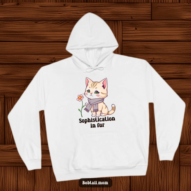 Funny Bobtail Cat Hoodie: A distinguished bobtail cat sporting a pretty scarf is captivated by a beautiful flower.