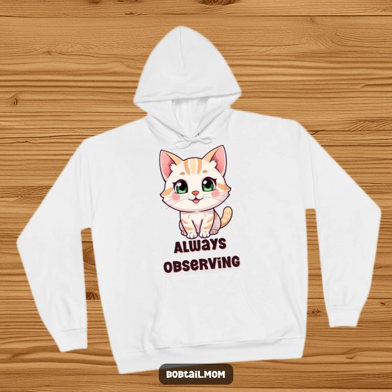 Funny Bobtail cat character hoodie, portrayed with a happy expression and a curious glance, offering cozy feline comfort.