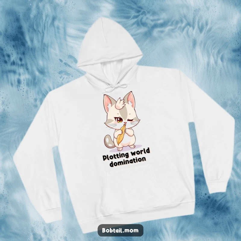 Funny Bobtail Hoodie: A mischievous bobtail cat bats at a feather, perfect for a cozy and humorous gift.