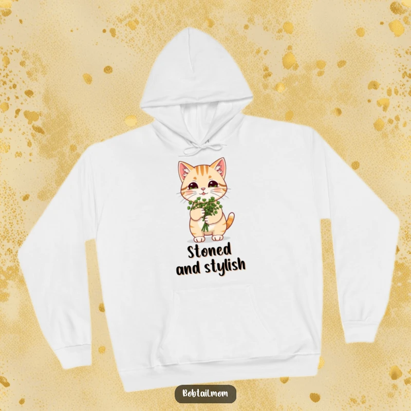 Funny Catnip Bobtail Cat Hoodie: Cat carrying catnip, combining cozy comfort with feline joy and humor.