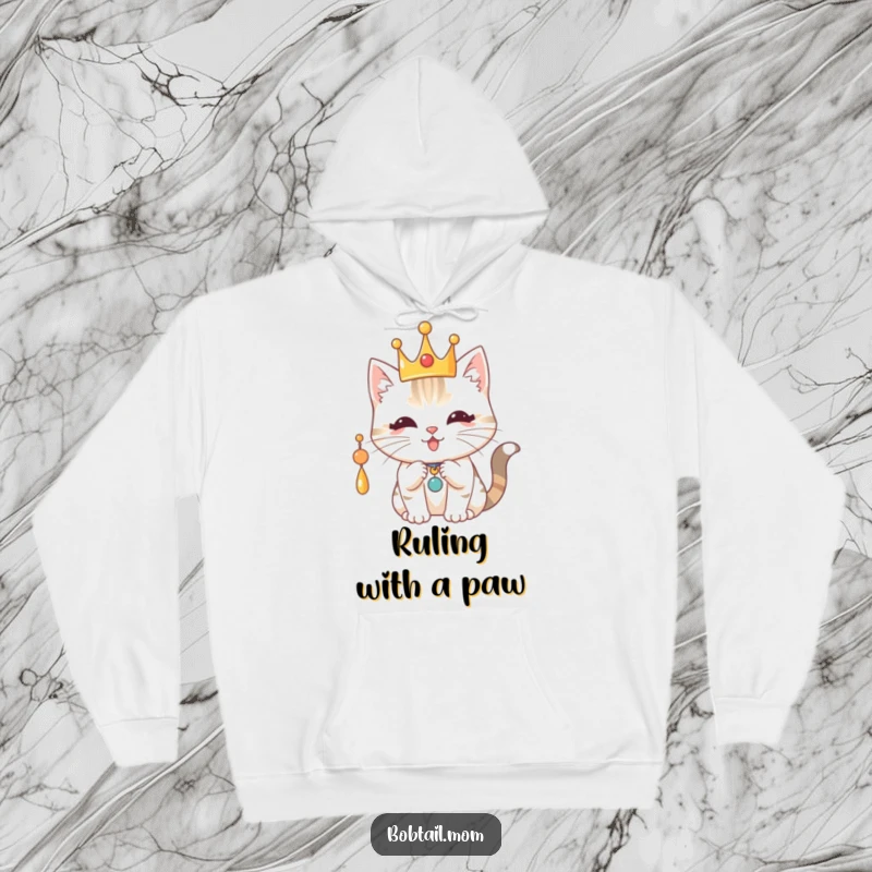Funny Royal Bobtail Cat Hoodie: Cat wearing a crown, batting a charm, combining cozy comfort with regal humor.