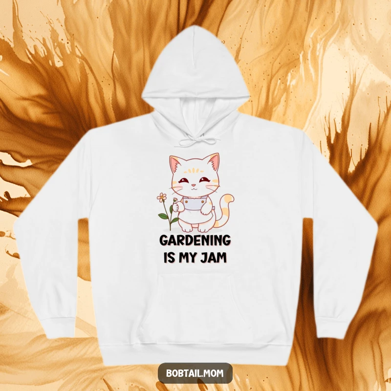 Funny Bobtail cat wearing a cute apron, tending a small flower. A warm and humorous hoodie for gardeners and cat lovers, ideal gift.