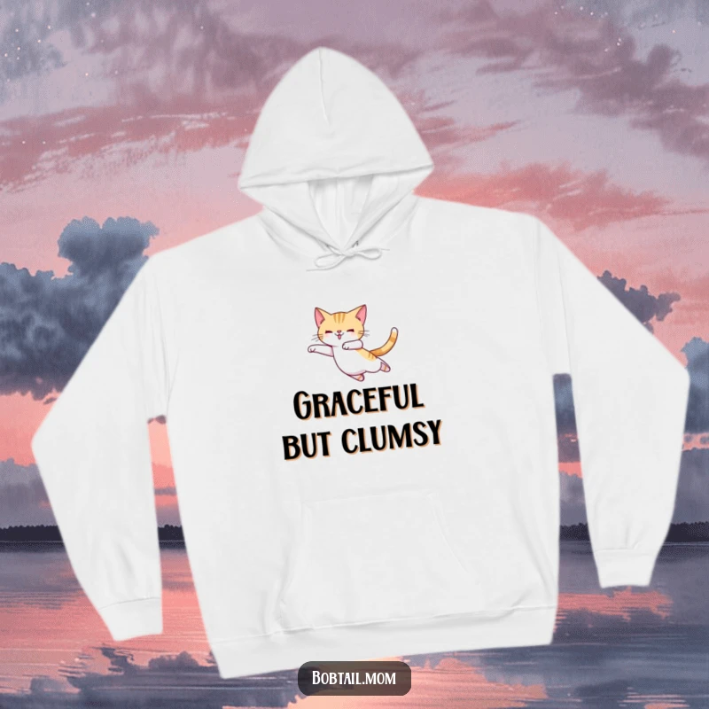 Funny Bobtail cat wearing ballet slippers, executing a graceful leap, offering cozy warmth and artistic humor.