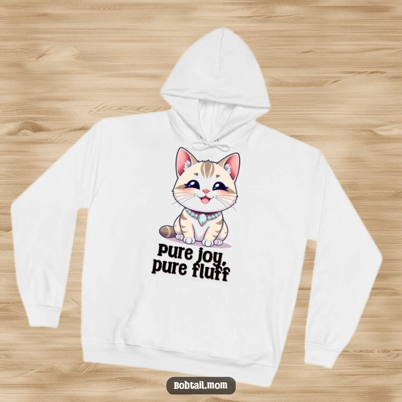 Funny Bobtail cat wearing a sparkling collar, smiling contentedly. A warm and humorous hoodie for happy cat lovers, ideal gift.