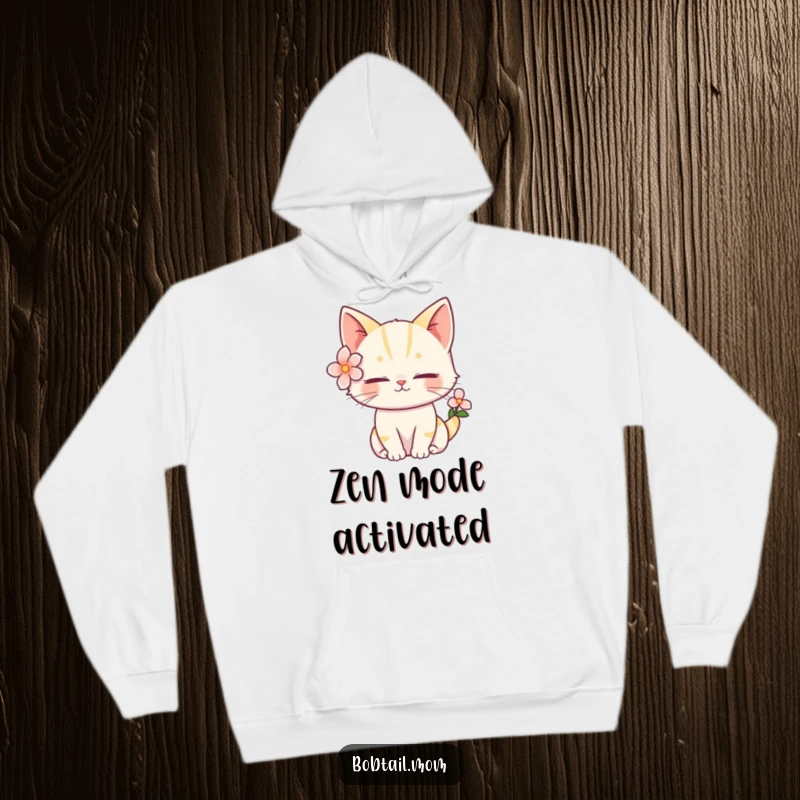 Funny Bobtail Cat Hoodie showcasing a serene feline with a flower accent, offering cozy and humorous comfort.