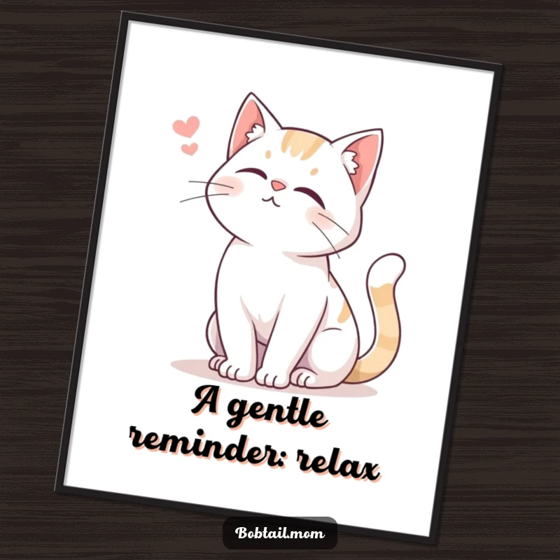 Funny Free Printable Wall Art: A Bobtail cat with a gentle tail swish, offering a soft meow, radiating peace.