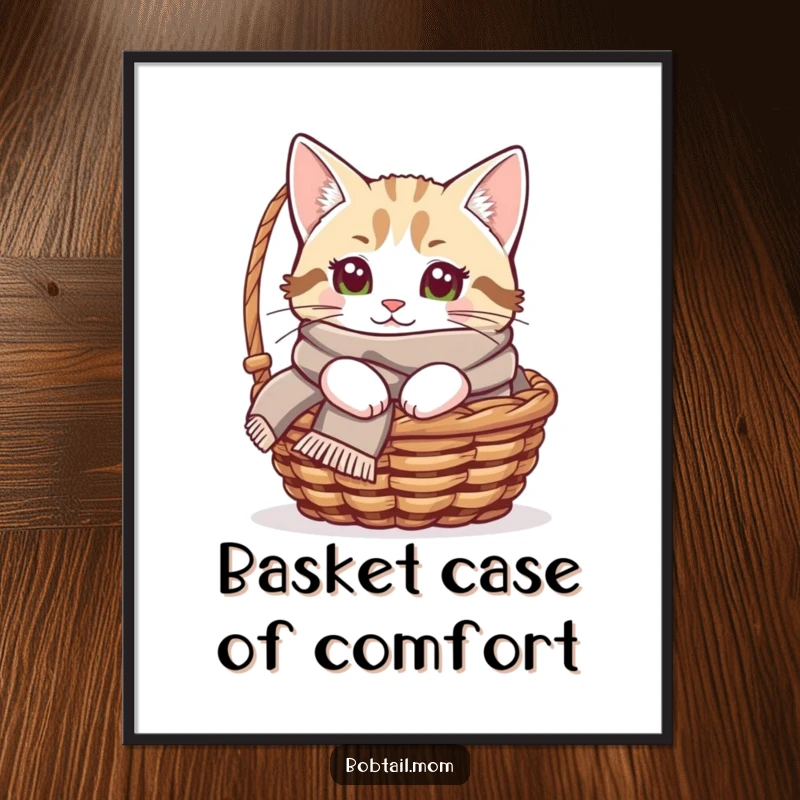 Funny Free Printable Wall Art: A Bobtail cat wearing a cozy scarf peeking out from a small basket, looking utterly charming.