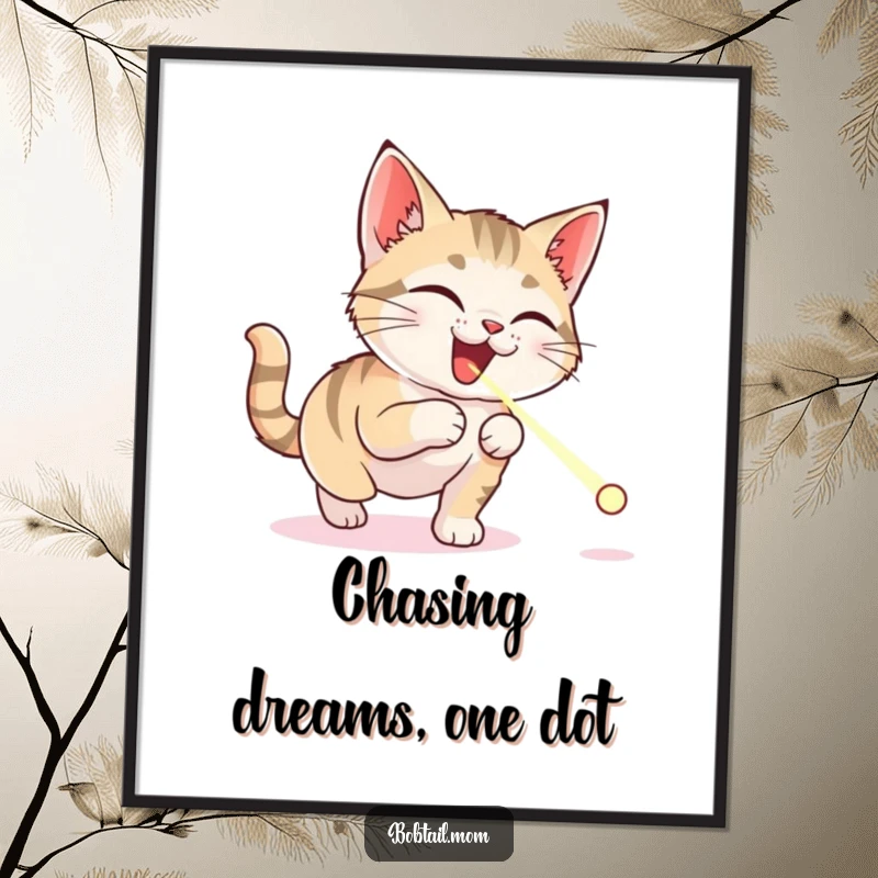 Funny Free Printable Wall Art: A determined Bobtail cat with wide eyes sprints after a glowing red laser dot on the floor.