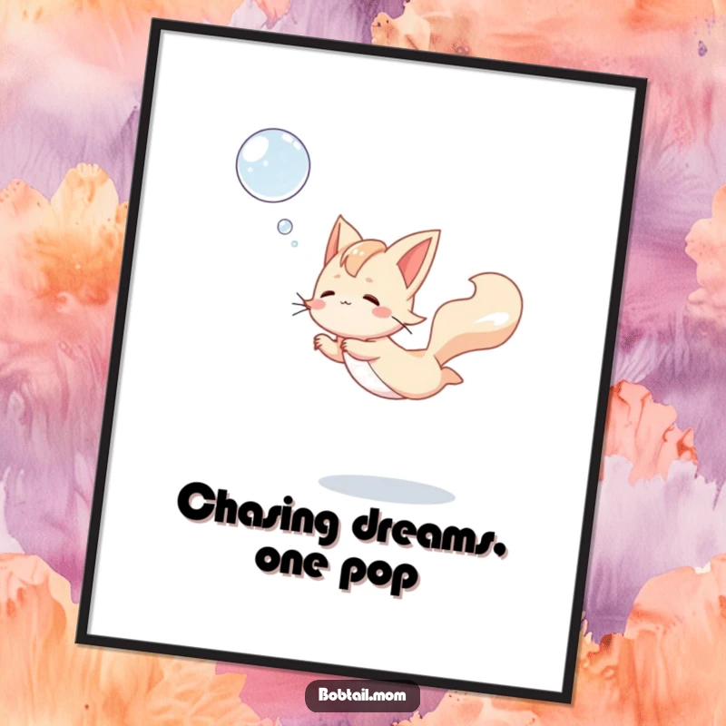 Funny Free Printable Wall Art: A Bobtail cat in mid-leap, eyes focused on a floating bubble, brings whimsical charm to any space.