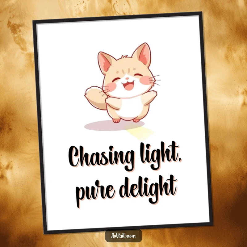 Funny Free Printable Wall Art: A Bobtail in mid-leap, joyfully chasing a bright sunbeam across a wooden floor.