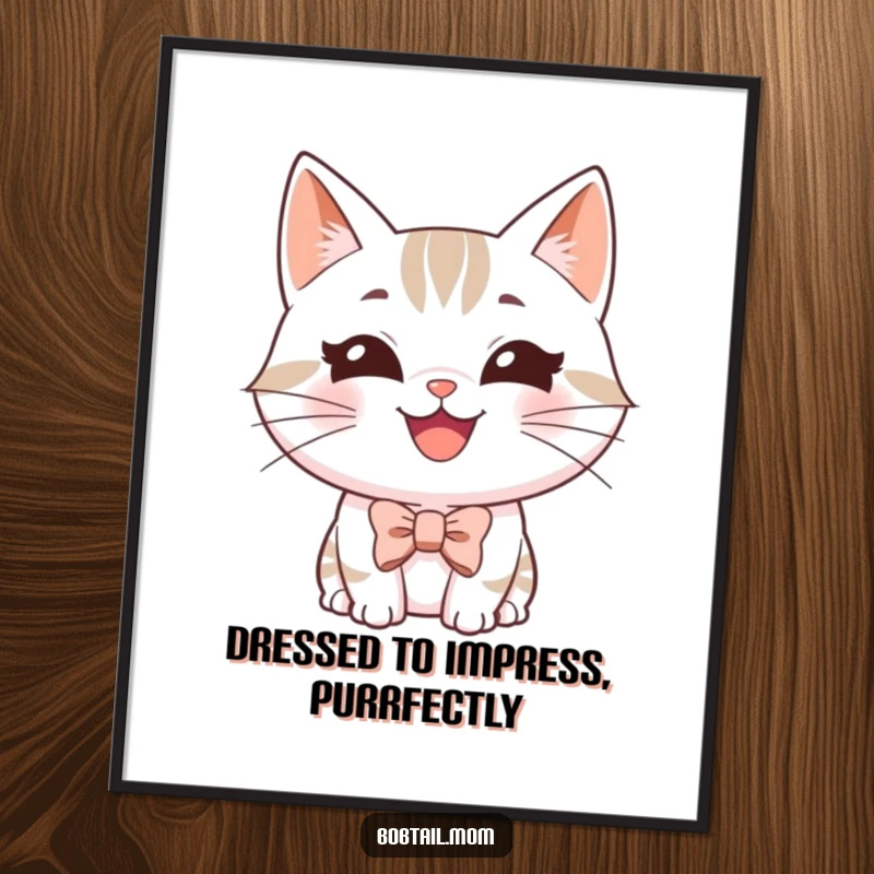 Funny Free Printable Wall Art: A Bobtail cat with a happy grin wearing a tiny bowtie, looking sophisticated and funny.