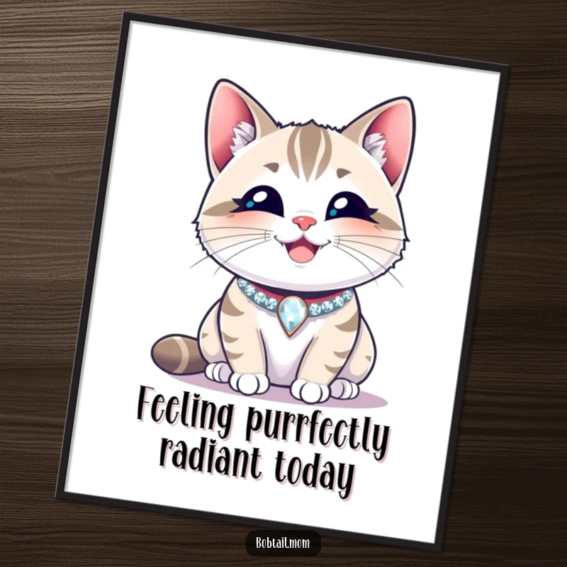 Funny Free Printable wall art: A Bobtail cat with a dazzling sparkling collar wearing a wide, contented smile.