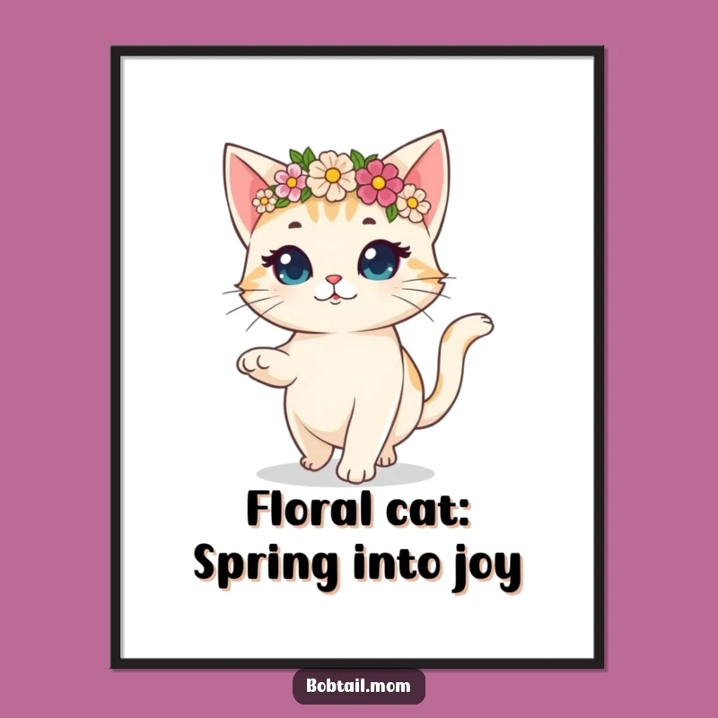 Free Printable Wall Art: Joyful Bobtail Cat In Flower Crown - Prancing - Humorous Art