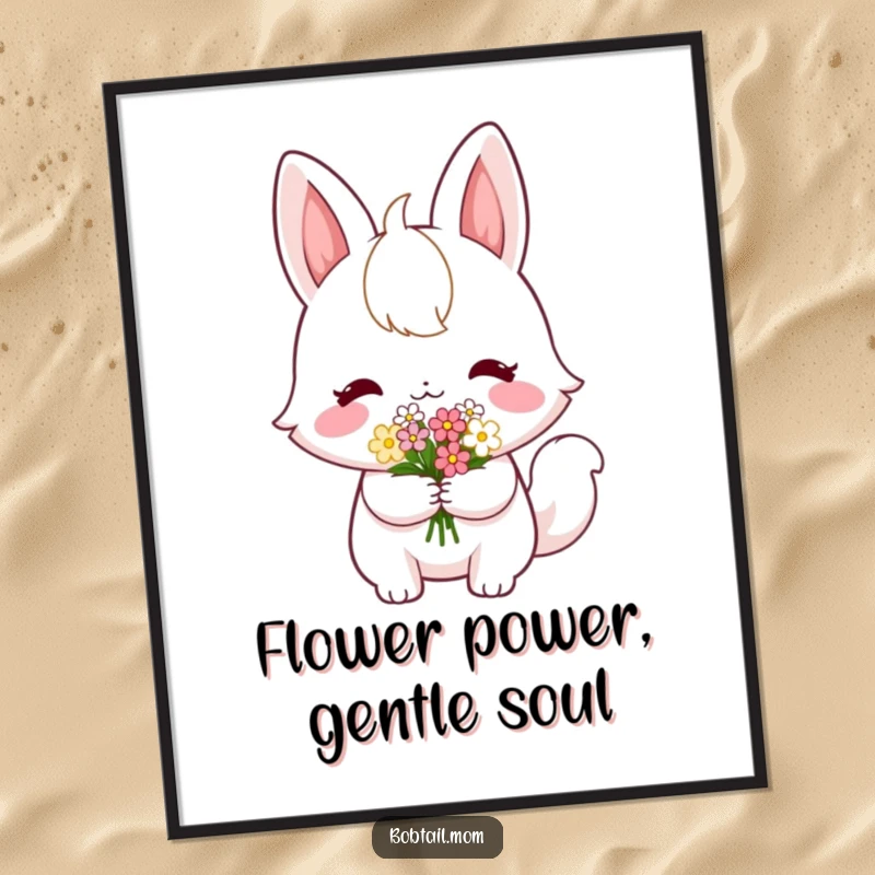 Funny Free Printable Wall Art: A Bobtail with a shy smile, holding out a small bouquet of flowers, radiating sweetness.