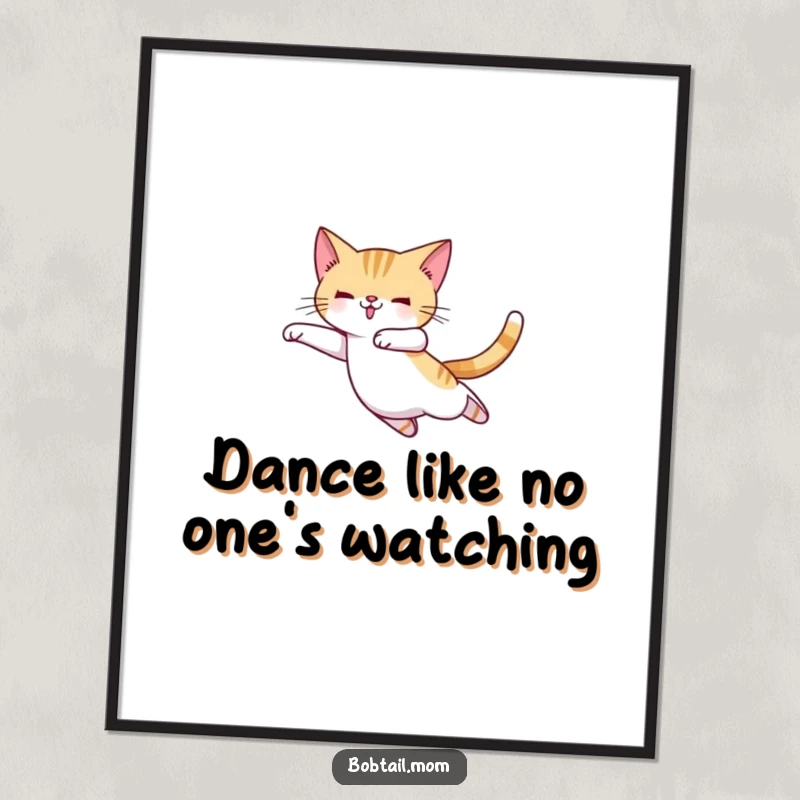 Funny Free Printable Wall Art: Bobtail cat wearing ballet slippers, captured mid-leap, bringing a humorous and artistic touch to any room decor.