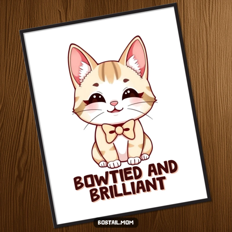 Funny Free Printable Wall Art: A bobtail cat wearing a stylish bowtie smiles charmingly, perfect for your walls.