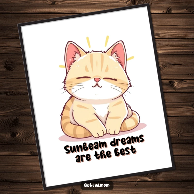 Funny Free Printable Wall Art: Bobtail cat sighing contentedly while napping in a sunbeam, creating a peaceful atmosphere.