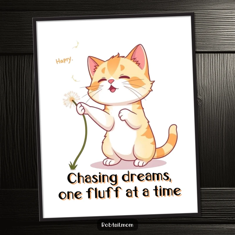 Funny Free Printable Wall Art: A Bobtail cat playfully trying to catch a falling, oversized dandelion fluff.