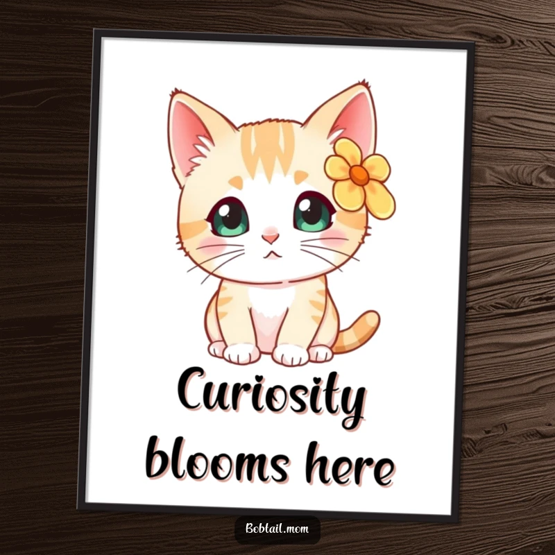 Cute Free Printable Wall Art: Bobtail cat wearing a bright flower behind its ear, looking curiously at the viewer.