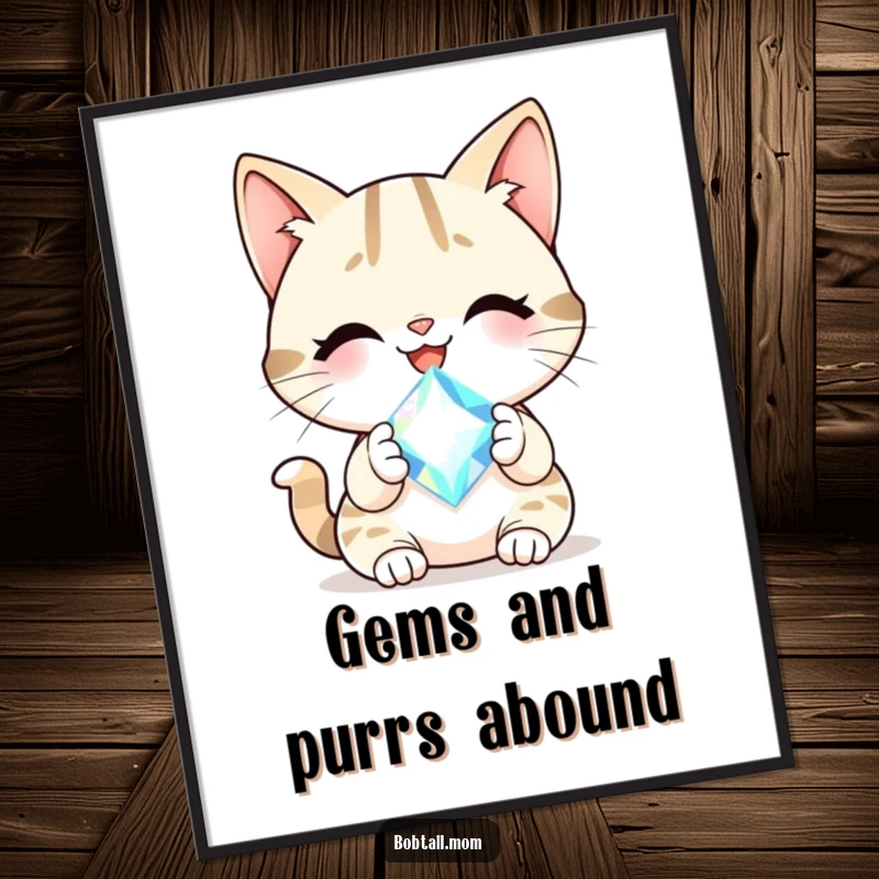 Funny Free Printable Wall Art: Cheerful Bobtail cat holding a sparkling gem, radiating joy and happiness.