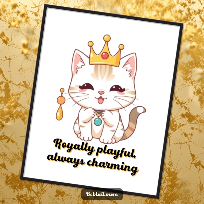 Funny Free Printable Royal Cat Wall Art: A Bobtail cat wearing a playful crown, batting amusingly at a dangling charm.